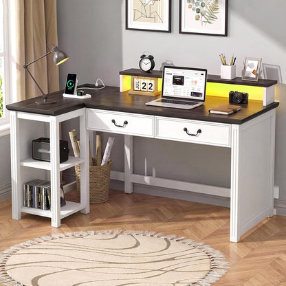 55" Farmhouse Writing Desk with Monitor Stand&Wood Drawers