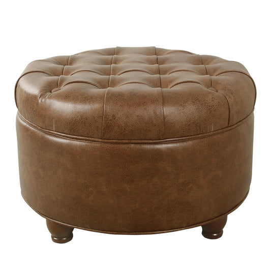 25" Button Tufted Round Storage Ottoman - Brown Faux Leather