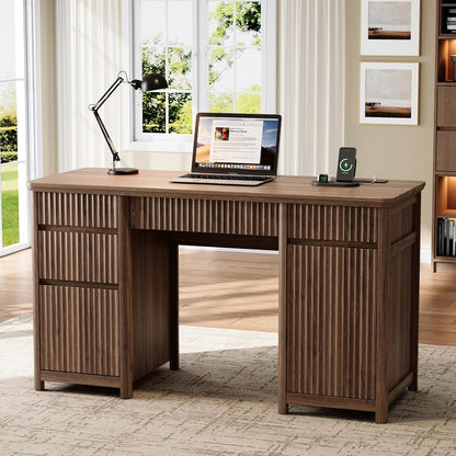 55" Fluted Executive Desk with Drawers & Charging Station