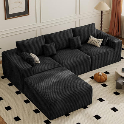 113" Modular Sectional Sofa, Convertible L-Shaped Cloud Couches for Living Room with Ottoman, 4 Seater Corduroy Boneless Couch Sofa Set, No Assembly Required, Black 1 PCS