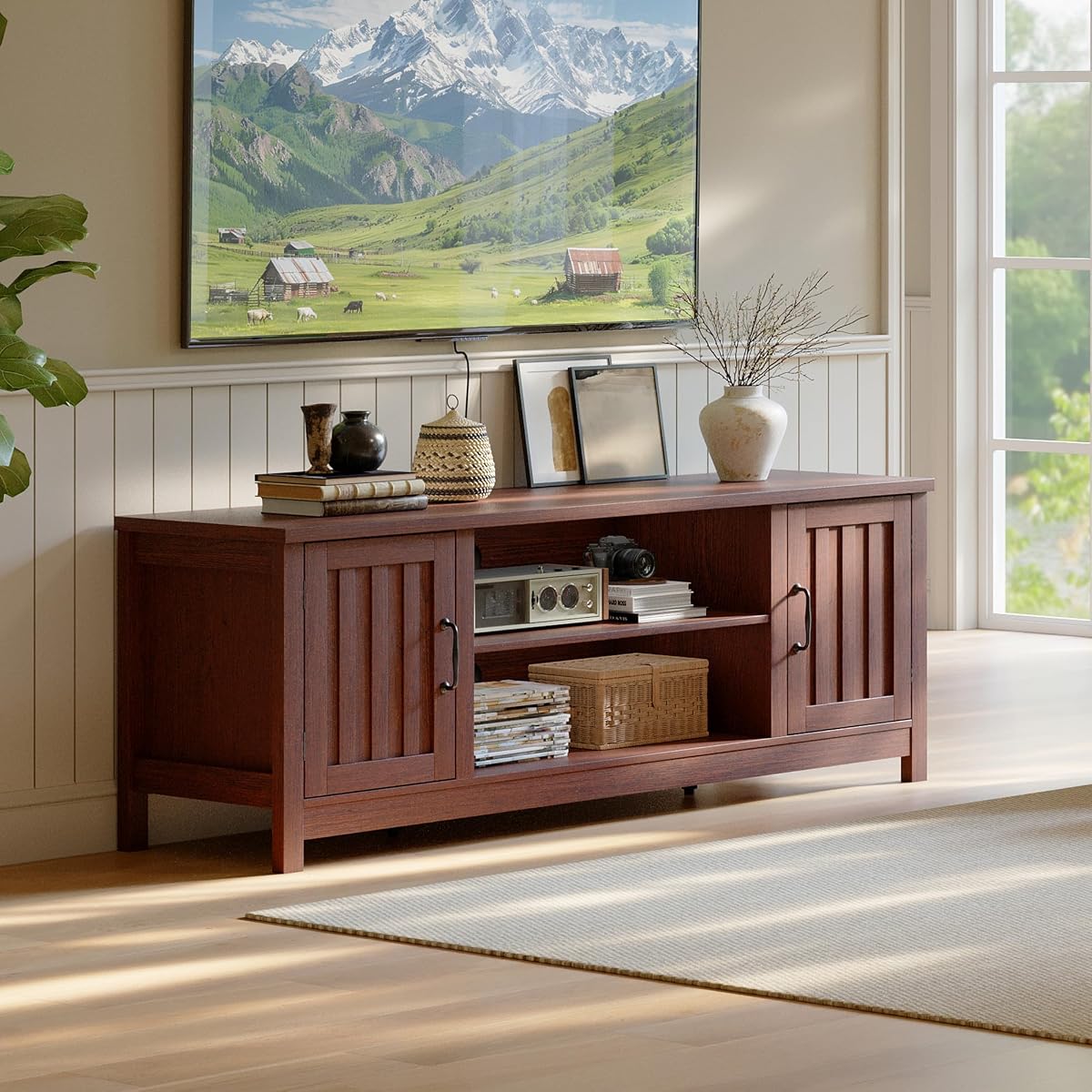54" Farmhouse TV Stand with Storage Cabinet and Open Shelves