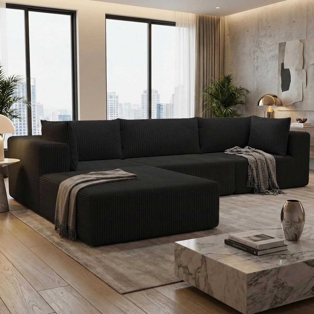 108" Boneless Couches for Living Room, Modular Cloud Couch Sofa - L Shap Corduroy Sectional Sofa, Fluffy Memory Foam Sleeper Sofa Furniture, No Assembly, Wide Armrest, Black