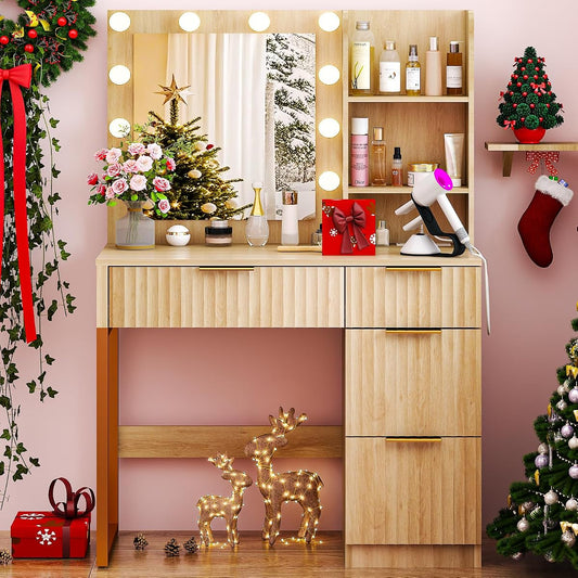 34in Fluted Makeup Vanity Desk with Mirror & Lights & Power Outlet, Small Vanity Table w/ 4 Drawers & 2 Storage Shelves,Oak Modern Dressing Table Set Charging Station for Bedroom