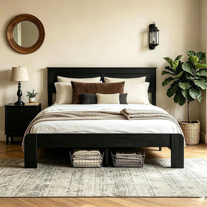 Queen Farmhouse Wood Bed Frame with Headboard and Footboard Black