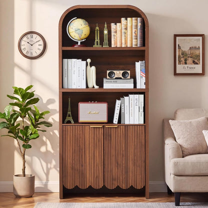 71" Tall Arched Bookcase 5 Tier Fluted Freestanding Arched Bookshelf