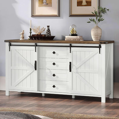 60" Farmhouse 4-Drawer Dresser with Barn Doors, Distressed White