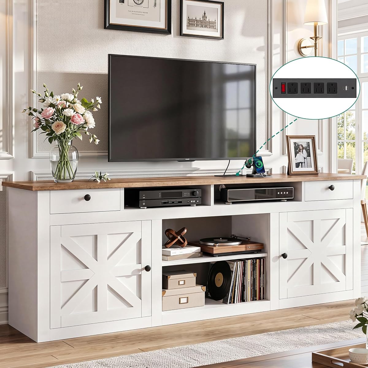 Farmhouse TV Stand with Power Outlet for 80 Inch TVs, White&Walnut