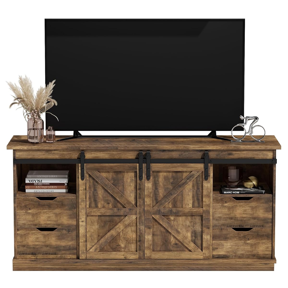 TV Stand for 65" TV, 4 Drawers, Sliding Barn Doors, Brown