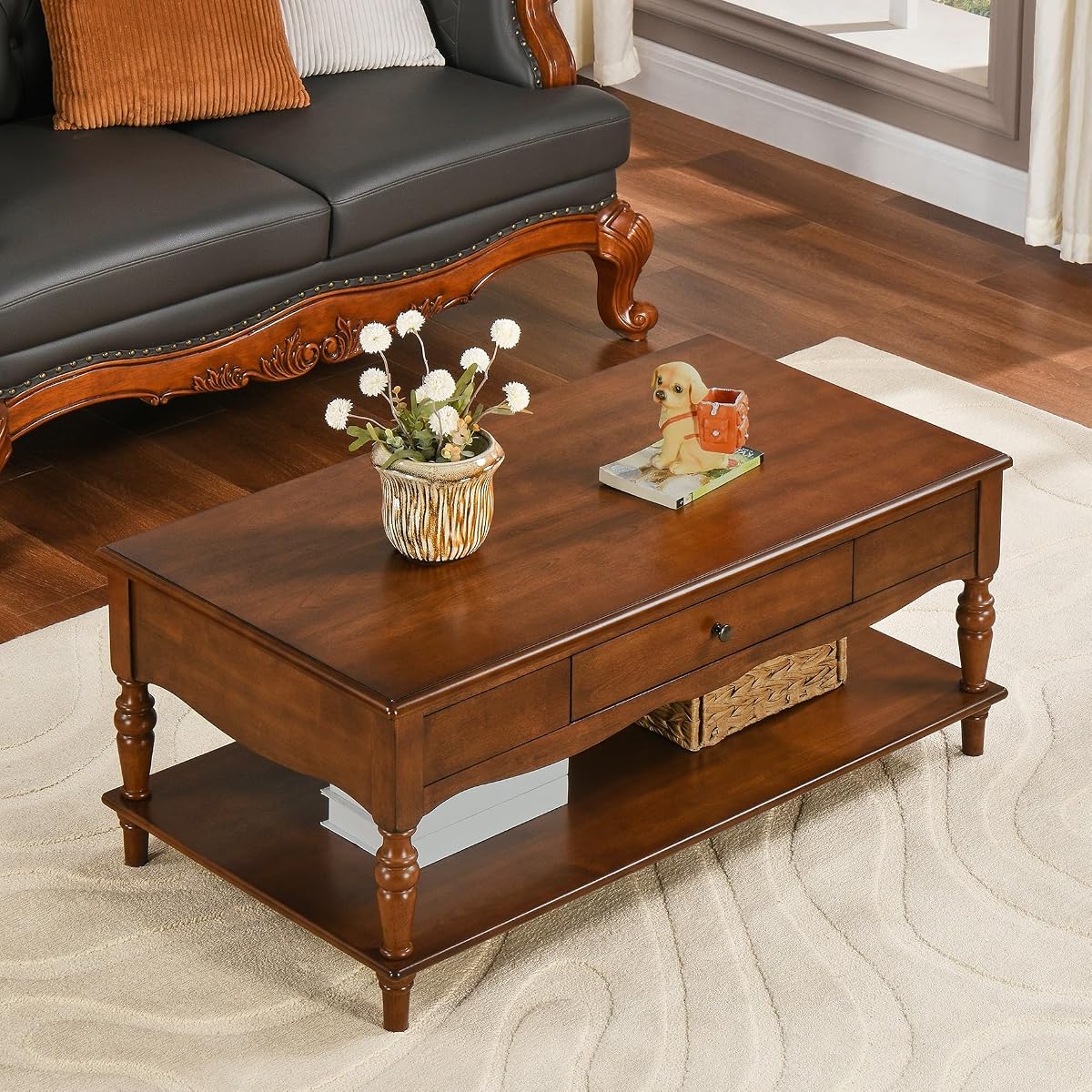 Rectangular Coffee Table with 2 Storage Drawers, Mid-century Solid Wood Living Room Table with Carved Leg, Elegant Vintage Center Table, No-Tools Assembly, 43.3”L x 23.6”W x 18”H Caramel Brown KFZC008