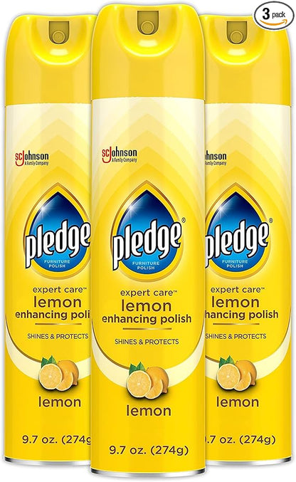 Pledge Enhancing Polish Spray, Wood Furniture & Stainless Steel Polish, Remove Dust and Fingerprints, Fast Shine and Protect, Prevent Scratches & Knicks - Lemon Scent, 9.7oz, Pack of 3