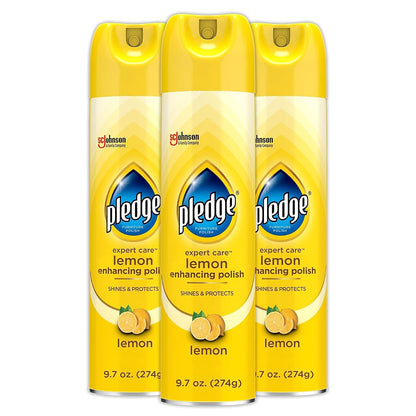 Pledge Enhancing Polish Spray, Wood Furniture & Stainless Steel Polish, Remove Dust and Fingerprints, Fast Shine and Protect, Prevent Scratches & Knicks - Lemon Scent, 9.7oz, Pack of 3
