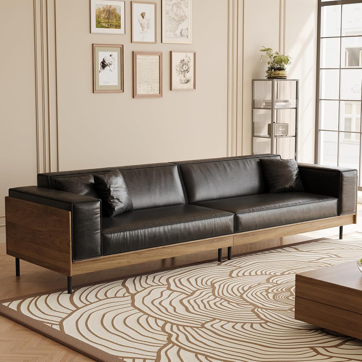 106.3" Mid-Century Modern Leather Sofa Couch with Wood Frame