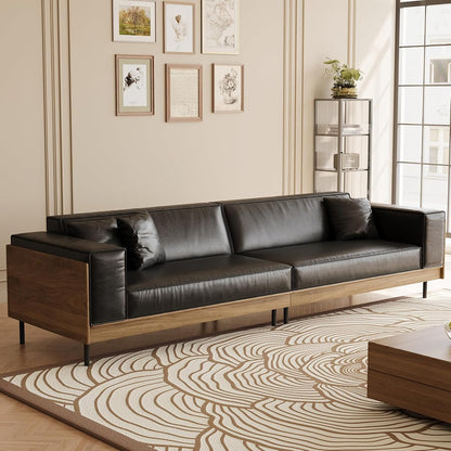106.3" Mid-Century Modern Leather Sofa Couch with Wood Frame