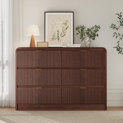 Fluted 6 Drawers Dresser for Bedroom, 54" Wide Wooden Dresser with Metal Handle