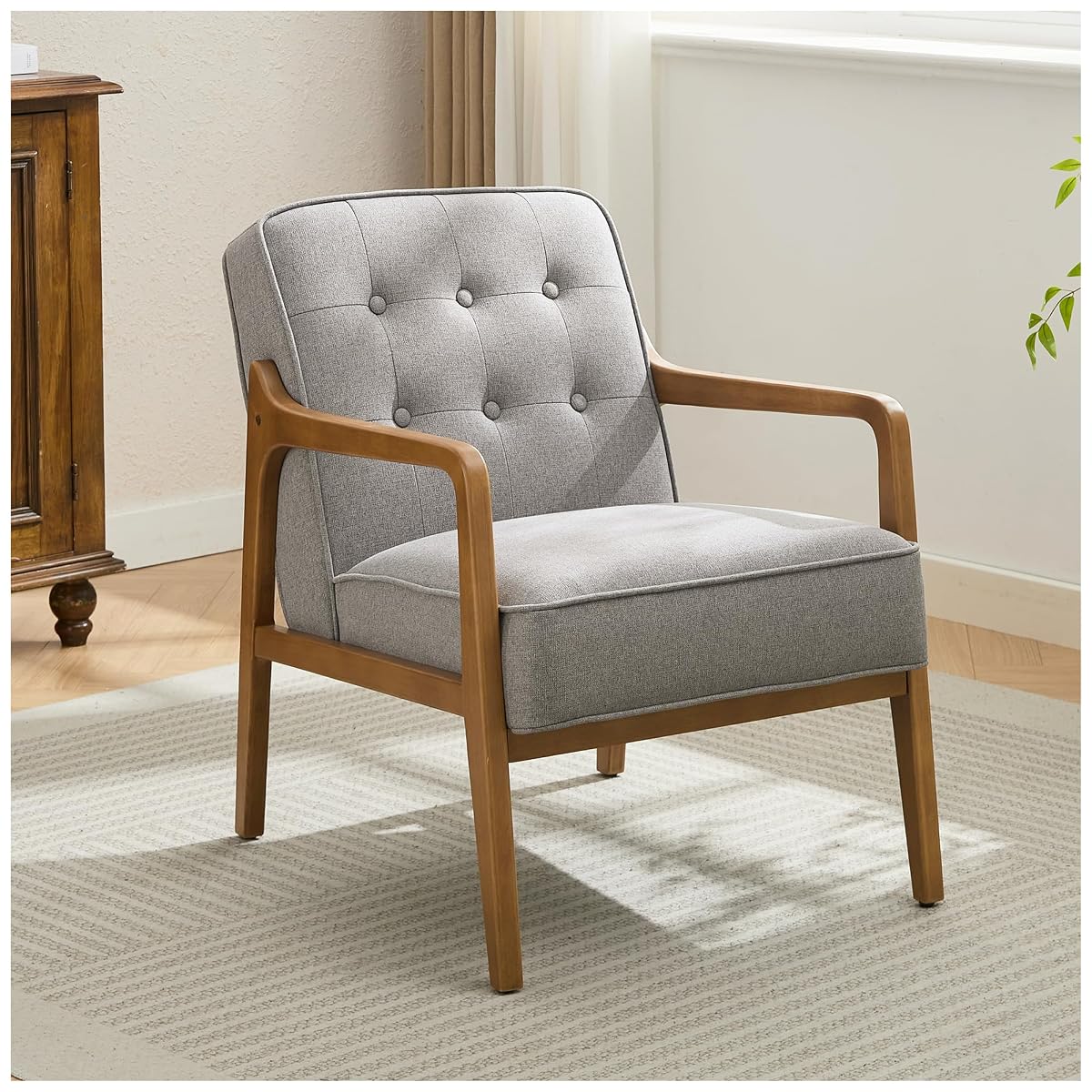 Linen Accent Chair, Mid Century Modern Chair for Living Room, Upholstered Comfy Lounge Armchair with Solid Wood Frame, Reading Side Chair for Bedroom,105°Ergonomic Comfort, Grey