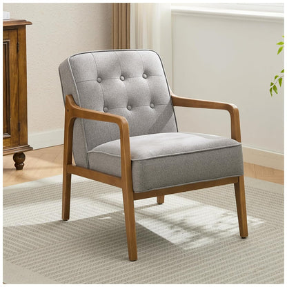 Linen Accent Chair, Mid Century Modern Chair for Living Room, Upholstered Comfy Lounge Armchair with Solid Wood Frame, Reading Side Chair for Bedroom,105°Ergonomic Comfort, Grey