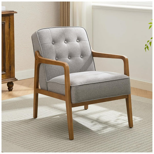 Linen Accent Chair, Mid Century Modern Chair for Living Room, Upholstered Comfy Lounge Armchair with Solid Wood Frame, Reading Side Chair for Bedroom,105°Ergonomic Comfort, Grey