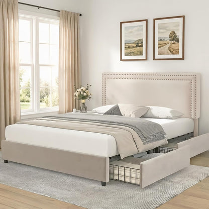 Queen Size Upholstered Bed Frame with 4 Storage Drawers
