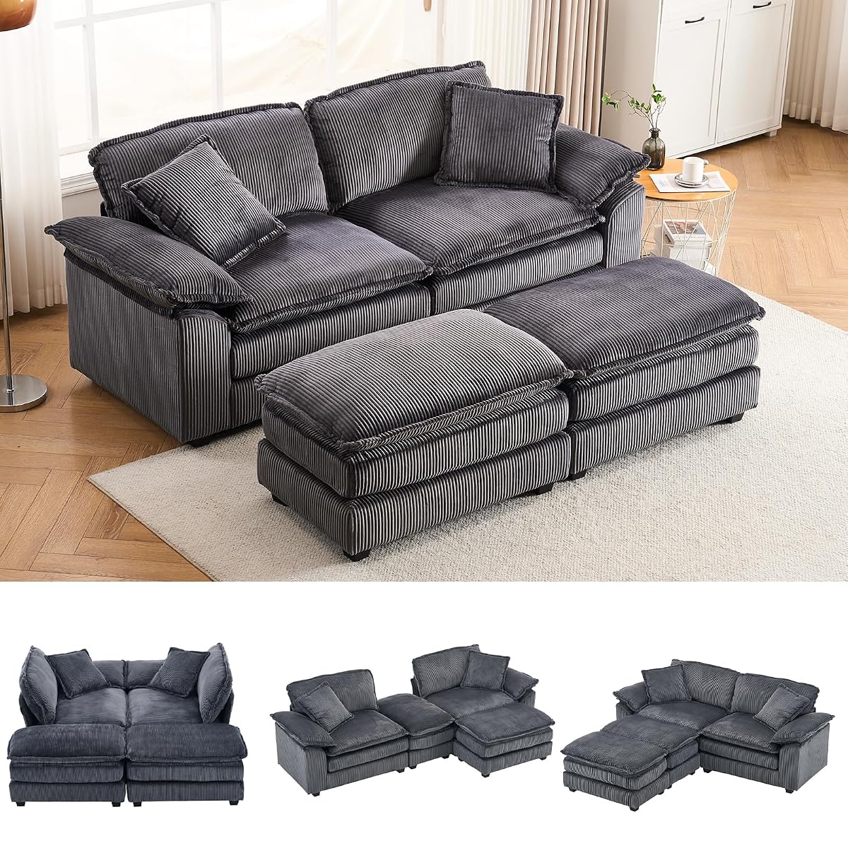 84.6” Corduroy Loveseat with Ottoman, Oversized Double Chaise Lounge Chair Indoor Deep Seat Two Seater Couch Cloud Couch Modular Sectional Sofa for Living Room(Corduroy Grey)