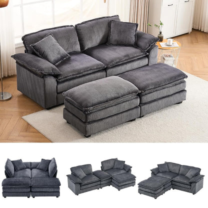 84.6” Corduroy Loveseat with Ottoman, Oversized Double Chaise Lounge Chair Indoor Deep Seat Two Seater Couch Cloud Couch Modular Sectional Sofa for Living Room(Corduroy Grey)