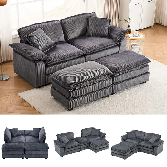 84.6” Corduroy Loveseat with Ottoman, Oversized Double Chaise Lounge Chair Indoor Deep Seat Two Seater Couch Cloud Couch Modular Sectional Sofa for Living Room(Corduroy Grey)