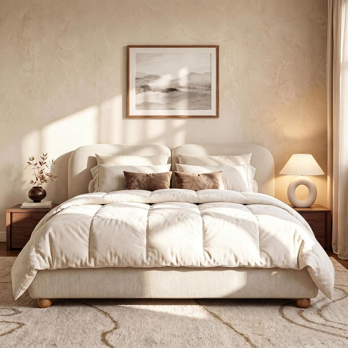 King Size Upholstered Bed Frame with Bouclé Fabric, Thick Curved Headboard