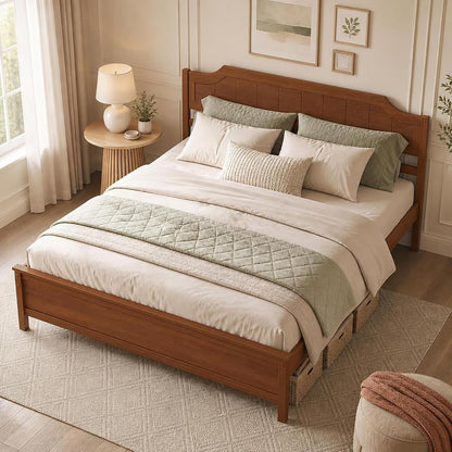 King Size Bed Frame with Headboard, Wood Platform Bed (Walnut)