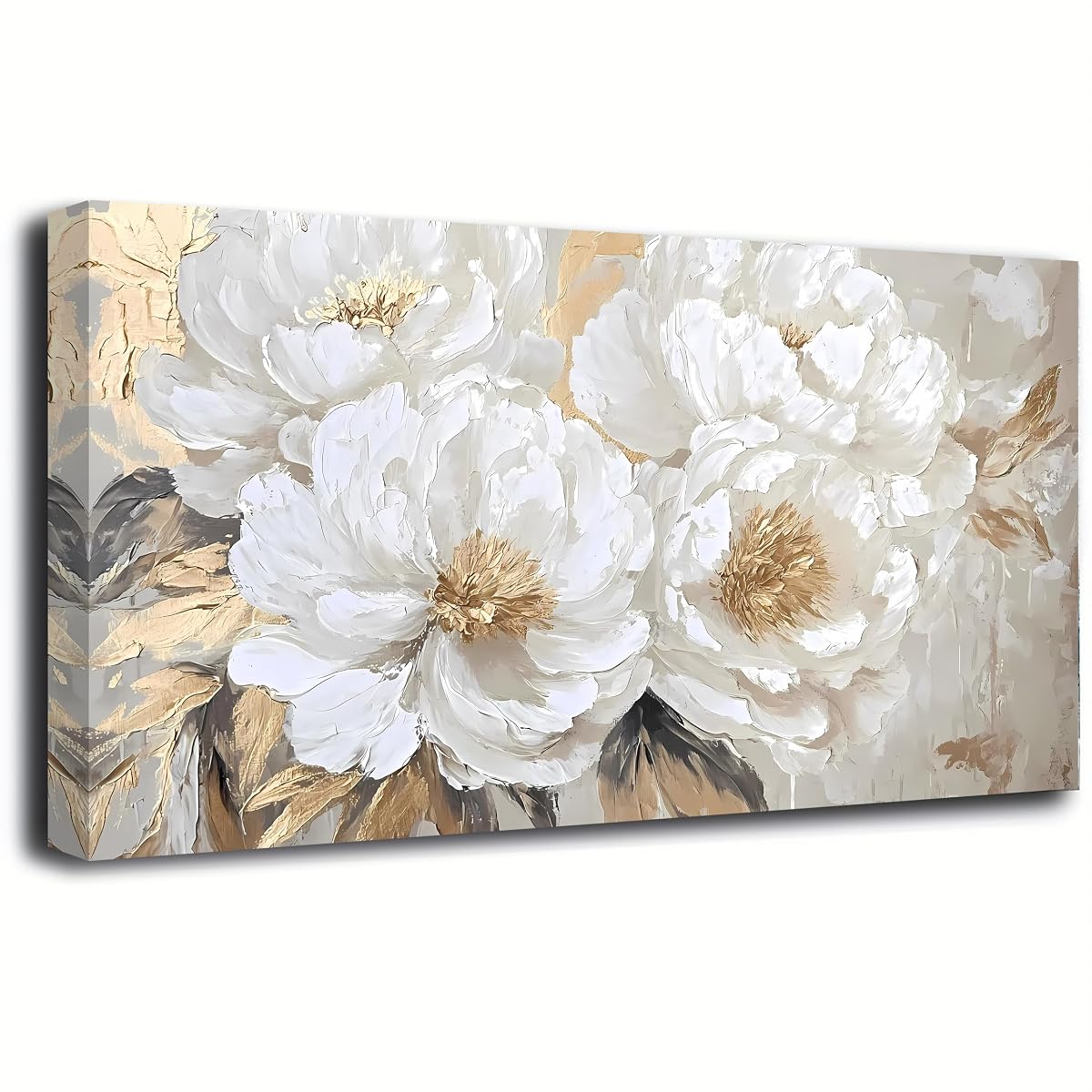 Platinum Peony Picture Print Canvas Wall Art Living Room Office Bedroom Wall Decor Floral Wall Art Prints Modern Gold White Landscape Artwork Waterproof Ready to Hang - 20x40 inches