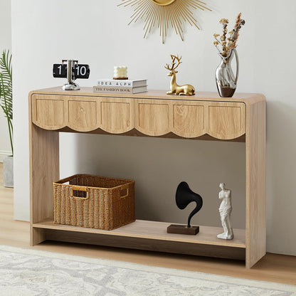 Console Table with Drawers, Mid-Century 43 Inches Narrow Entryway Table with Open Storage Shelves, Hallway Accent Tables Behind Couch Tables for Living Room - Natural