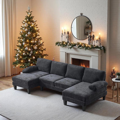 110" Sectional Couches for Living Room,U Shaped Couch with Double Chaise, 4-Seat Sofa Set with Chenille Fabric for Home Furniture,Black