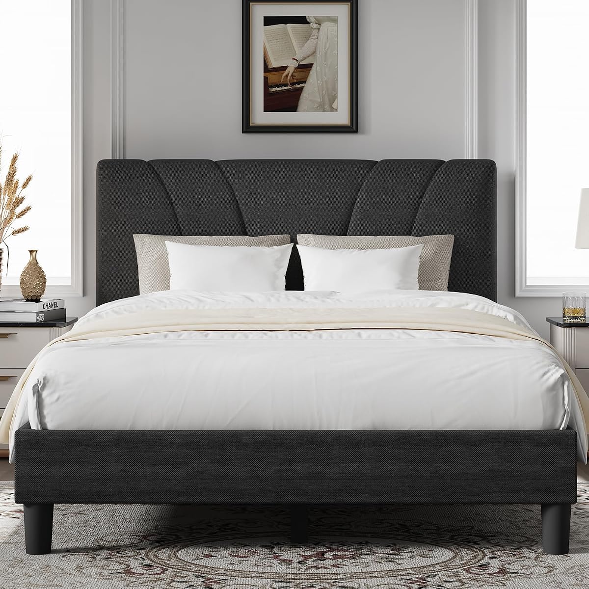 Queen Bed Frame with Headboard, Bed Frame Queen Size with Wood Slats Support