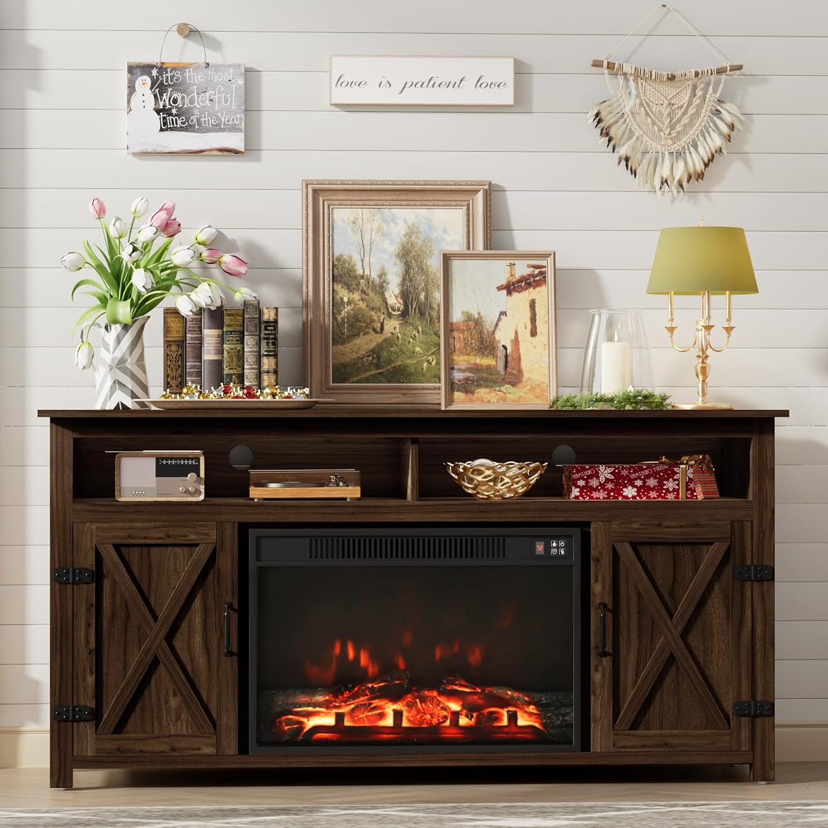 Farmhouse Fireplace TV Stand for TVs Up to 65 Inch Highboy Entertainment Center