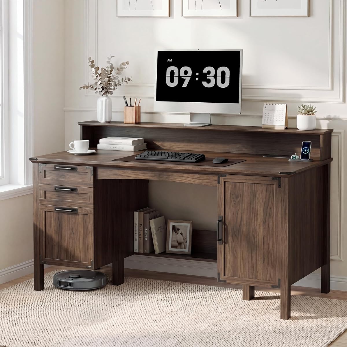 63" Farmhouse Desk w/Power Outlet & Monitor Stand, Walnut