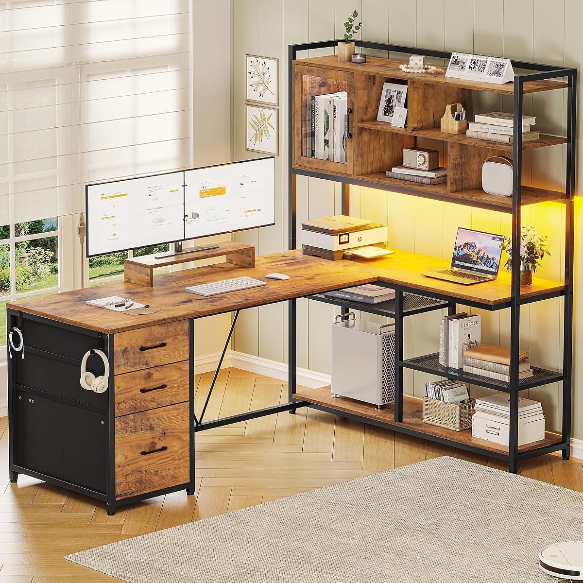 58'' L Shaped Computer Office Desk with 3 Drawers and Bookshelf