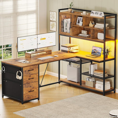 58'' L Shaped Computer Office Desk with 3 Drawers and Bookshelf
