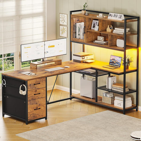 58'' L Shaped Computer Office Desk with 3 Drawers and Bookshelf