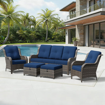 5 Piece Wicker Patio Furniture Set, Rattan Patio Chairs with High Back, Deep Seating, Wide Armrest, Thickened Cushions, Outdoor Furniture for Deck, Porch Use