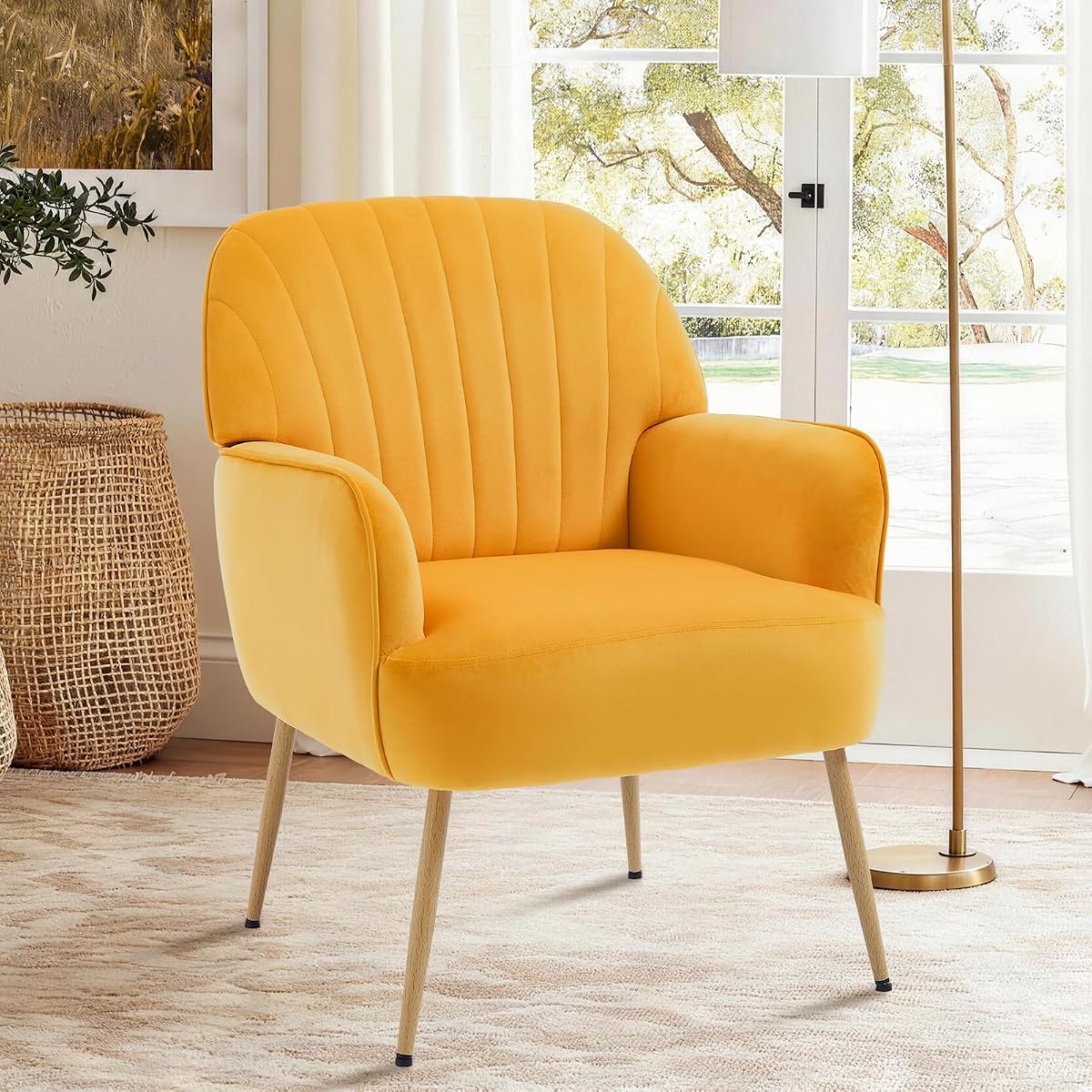 Velvet Accent Chair, Mid Century Modern Accent Chairs for Living Room, Comfy Upholstered Armchair with Metal Legs for Bedroom/Apartment/Office/Waiting Room, Yellow