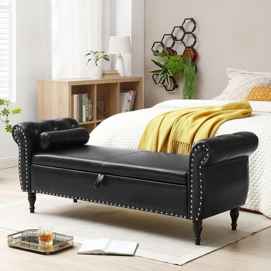 Storage Bench for Bedroom, PU Upholstered Bed Ottoman with Rolled Armed Button Tufted Design, Long Bench for Bed Window Living Room, Black