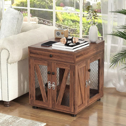 Wooden Dog Crate End Table with USB Charging Station, Walnut