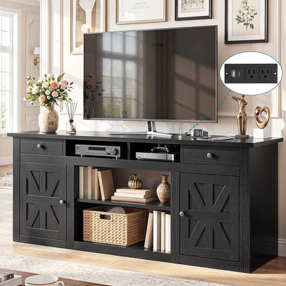 Farmhouse TV Stand with Storage Cabinets for 65" TV, Black