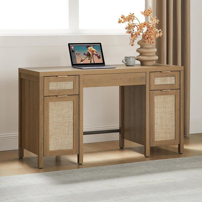 52" Rattan Home Office Desk with 3 Drawers: Boho Executive Desk with 2 Storage Cabinets, Large Computer Writing Table for Study, Office, Living Room
