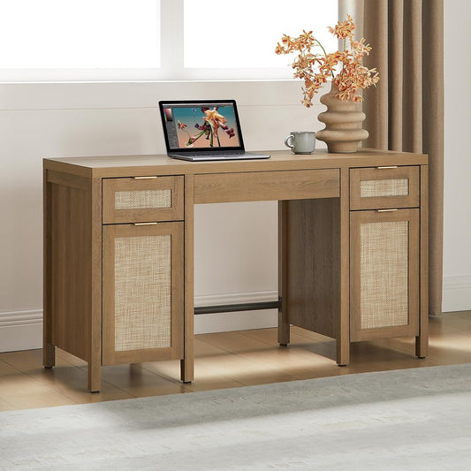 52" Rattan Home Office Desk with 3 Drawers: Boho Executive Desk with 2 Storage Cabinets, Large Computer Writing Table for Study, Office, Living Room