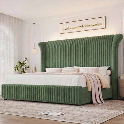 Queen Faux-Fur Upholstered Bed Frame with 54" Channeled Wingback Headboard