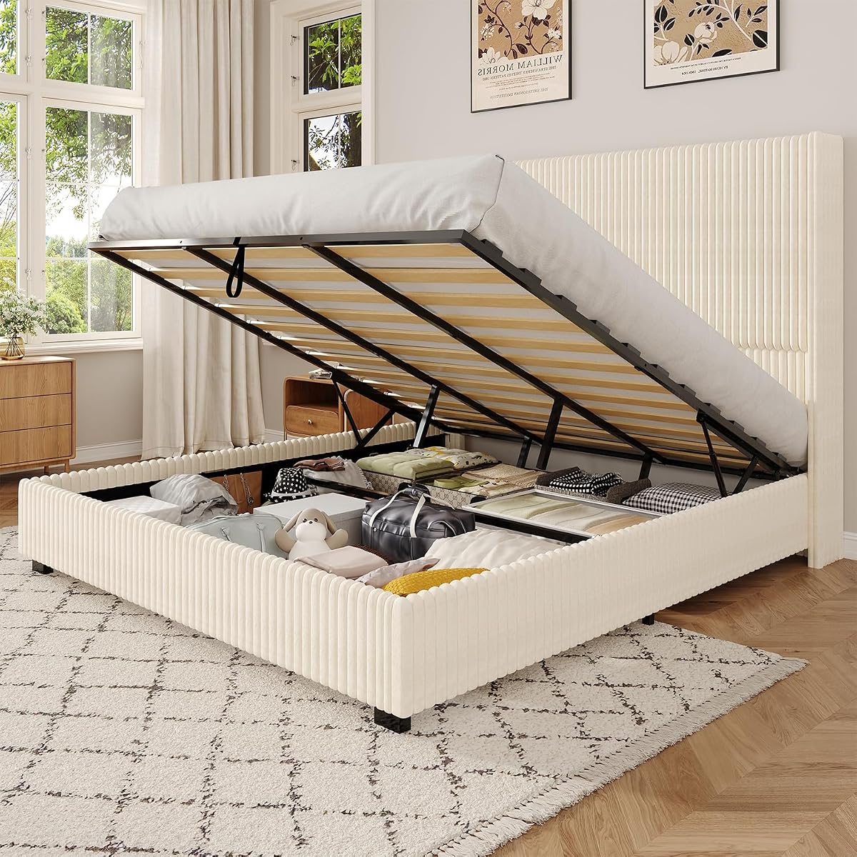 51 Inch Tall Wingback Headboard King Size Lift Up Storage Bed Frame, Beige