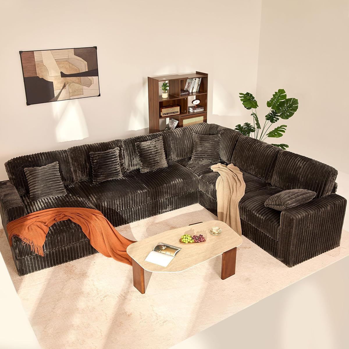 139" U-Shaped Cloud Couch, Modular Sectional, Deep Seats, Grey | Pocket Spring Cushions, Oversized 7-Seater, Left Facing Chaise, Corduroy Upholstery Couches for Living Room, Not Boneless