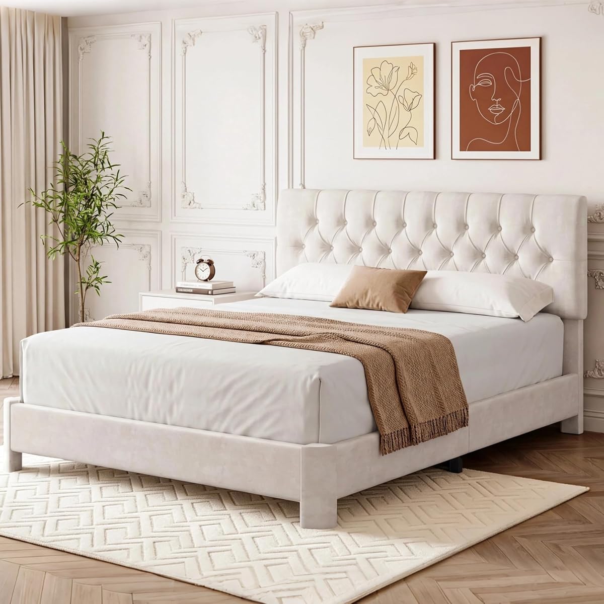 Queen Upholstered Bed Frame, White Velvet Cloud Platform Bed