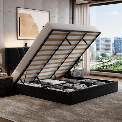 King Lift Up Storage Bed Frame/Charging Station/LED Light, Black