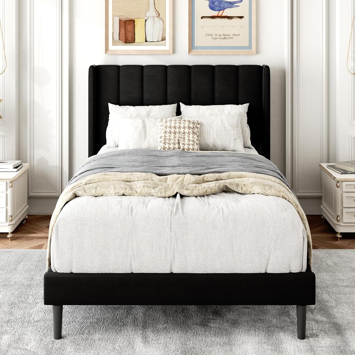 Twin Size Bed Frame with Upholstered Wingback Headboard