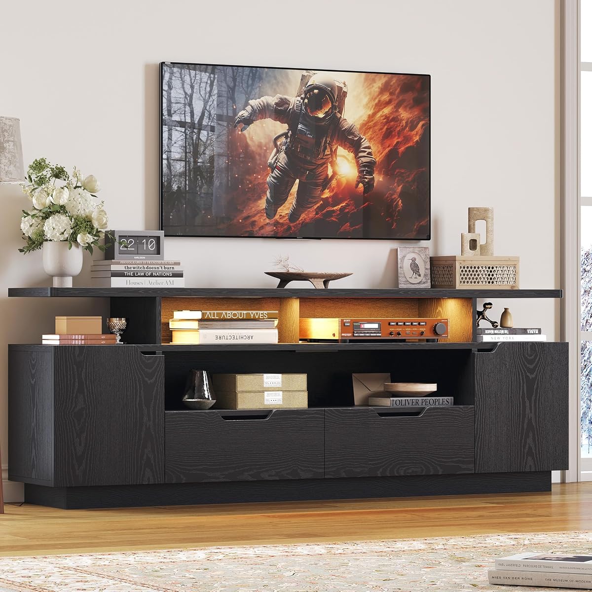TV Stand for TVs up to 85", LED Lights and Power Outlets, Black